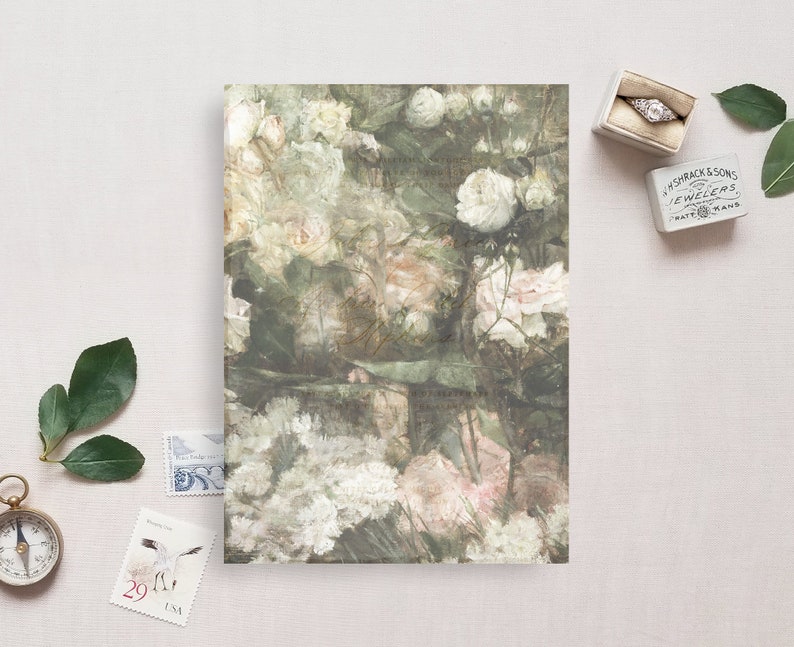 May include: A digital print featuring a watercolor-style floral design with pink and white roses and green leaves. The background is a soft, muted green.