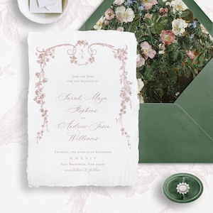 Druckbare Hochzeit Save the Date Vorlage mit französischen Rosen, bearbeitbare Vintage Classic STD Karte, Hochzeitsdatumsankündigung, Dusty Rose Emma