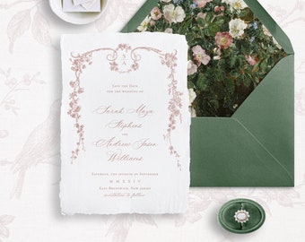 Afdrukbare bruiloft Save the Date-sjabloon met Franse rozen, bewerkbare vintage klassieke STD-kaart, aankondiging van de huwelijksdatum, Dusty Rose Emma