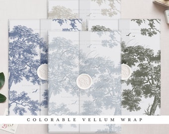 Colorable & Printable Wedding Vellum Wrap for 5x7" cards, Antique Tree Toile Design