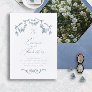 Plantilla imprimible para guardar la fecha de la boda con rosas francesas, tarjeta STD clásica vintage editable, anuncio de fecha de boda, Emma azul polvoriento