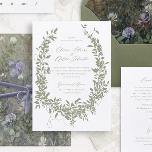 Printable Wedding Invitation Template Set with Delicate Foliage Wreath, Editable Elegant Invites, Botanical Wedding Details RSVP Cards