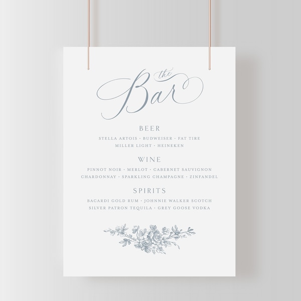 Bar Menu Sign, Printable French Roses Wedding Sign Template with Dusty Blue Roses, Editable Elegant Sign 8x10 | Emma
