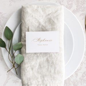 Modèle imprimable de marque-places pour mariage calligraphie dorée, cadre de table modifiable avec carte de visite pliée à plat au choix, CS