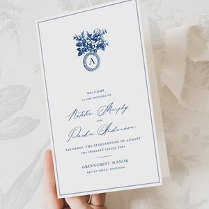 Modello di programma di nozze Chinoiserie stampabile in blu e bianco, libretto di ordine di servizio elegante modificabile, biglietto di cerimonia digitale