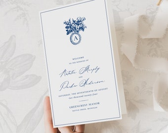 Printable Chinoiserie Wedding Program Template in Blue and White, Editable Elegant Order of Service Booklet, Digital Ceremony Card