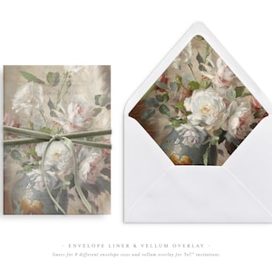 Druckbare Hochzeit Pergament Overlay und Umschlag Liner für 5x7 Hochzeitseinladungen Mini Bundle, Blush Roses Malerei