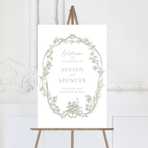 Printable French Ornaments Wedding Welcome Sign Template with Sage Foliage, Editable Elegant  Large Sign 24x36, Sign 18x24, A1, A2, Avelyn