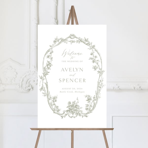 Druckbare französische Ornamente Hochzeit Willkommensschild Vorlage mit Salbeiblattwerk, bearbeitbares elegantes großes Schild 24x36, Schild 18x24, A1, A2, Avelyn