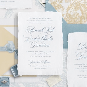 Plantillas de invitación de boda con caligrafía azul imprimibles, invitaciones elegantes editables, tarjetas RSVP con detalles de boda clásicos