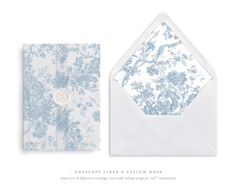 Printable Wedding Vellum Wrap and Envelope Liner for 5x7 Wedding Invitations Mini Bundle, Toile French Blue Design