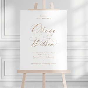 Modello di cartello di benvenuto per matrimonio con calligrafia stampabile in oro, cartello grande classico elegante modificabile 24x36, cartello 18x24, cartello A1, cartello A2, CS
