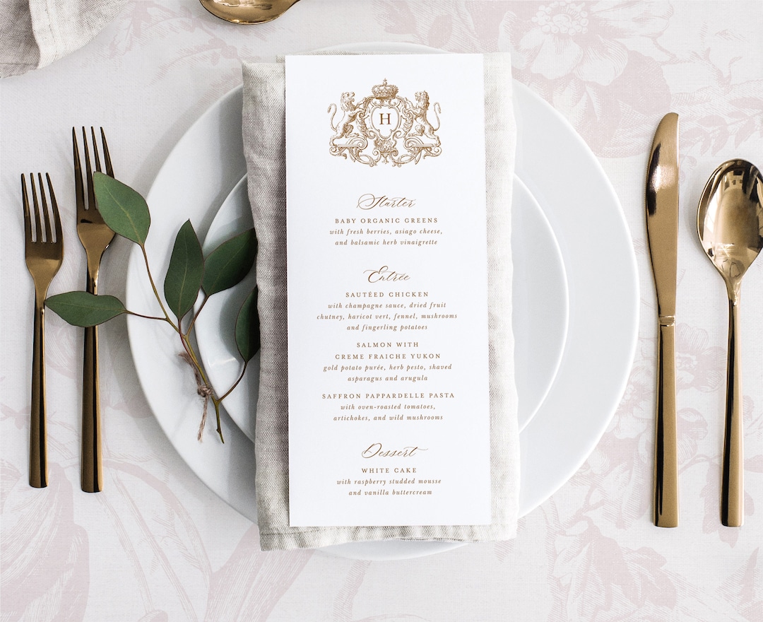 Printable Wedding Menu Card Template With Golden Royal Crest With Lions ...