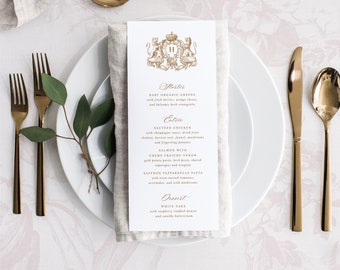 Printable Wedding Menu Card Template with Golden Royal Crest with Lions, Editable Elegant Classic Dinner Drink Buffet Table Menus