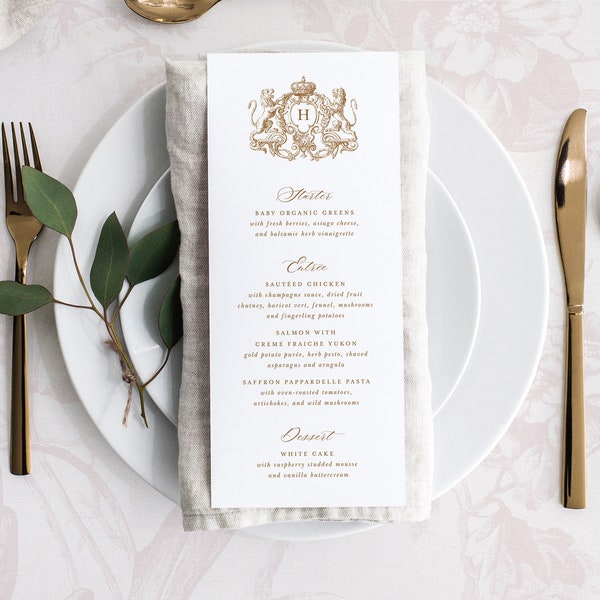 Modèle de carte de menu de mariage imprimable avec écusson royal doré avec lions, menus de table de buffet de boissons de dîner classiques élégants modifiables
