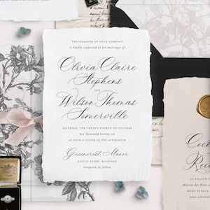 Modello di invito di nozze in cravatta nera stampabile – Elegante suite di calligrafia modificabile, invito floreale vintage personalizzabile per eventi formali