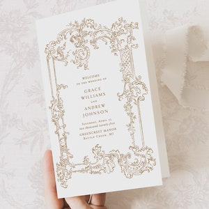 ゴールドバロックフレーム付きの印刷可能な結婚式プログラムテンプレート、編集可能なエレガントでクラシックな式次第冊子、デジタル式典カード