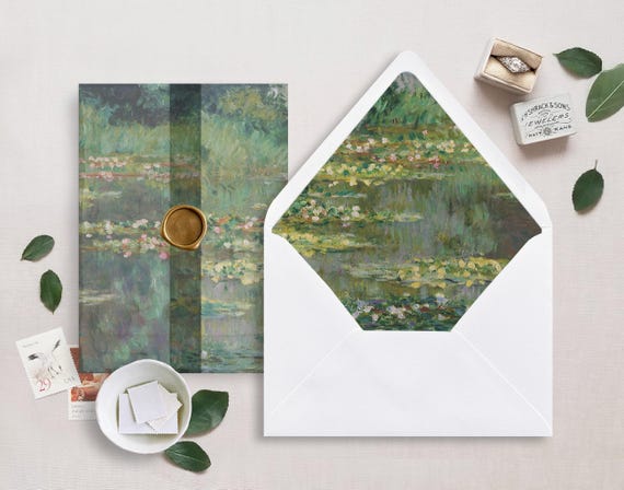 Printable Wedding Vellum Wrap and Envelope Liner for 5x7 Wedding Invitations Mini Bundle, Water Lilies Painting II.