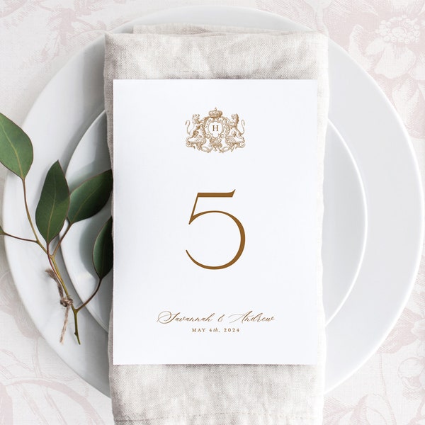 Printable Wedding Table Numbers Template with Golden Royal Crest, Editable Small Table Sign Cards with Lions, 5x7 and 4x6 Table Number