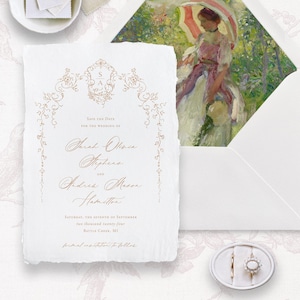 Plantilla imprimible para guardar la fecha de boda con pequeño marco floral y escudo, tarjeta STD vintage editable, elegante y elegante anuncio de fecha de boda.