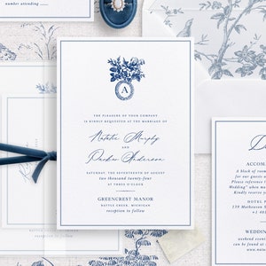 Printable Wedding Invitation Template Set in Blue and White, Editable Vintage Invites Wedding Details and RSVP Cards Delft Blue Chinoiserie