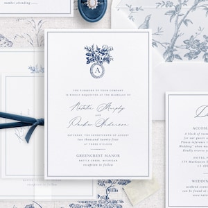 Modello di invito di nozze stampabile in blu e bianco, inviti vintage modificabili, dettagli del matrimonio e biglietti RSVP, Delft Blue Chinoiserie