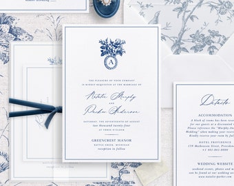 Printable Wedding Invitation Template Set in Blue and White, Editable Vintage Invites Wedding Details and RSVP Cards Delft Blue Chinoiserie