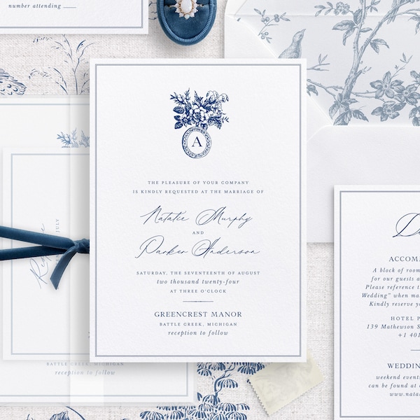 Modello stampabile per invito a nozze impostato in blu e bianco, inviti vintage modificabili dettagli del matrimonio e carte RSVP Delft Blue Chinoiserie