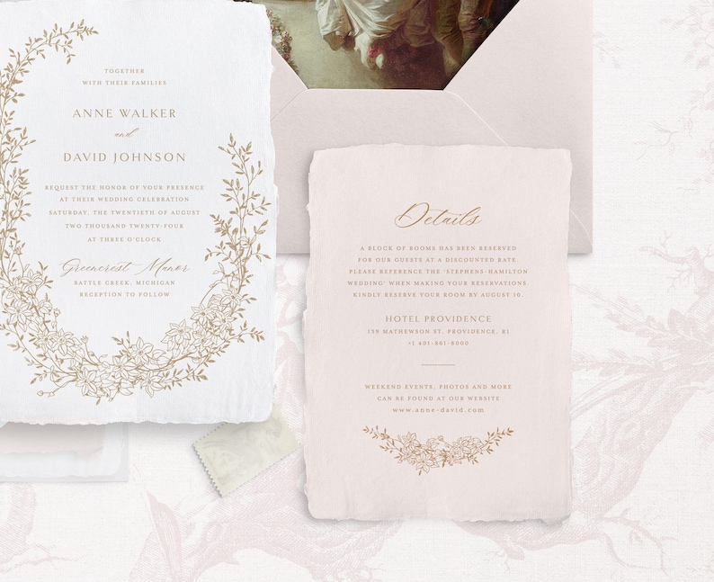 Printable Wedding Invitation Template Set with Floral Wreath, Editable Delicate Floral Invites Wedding Details and RSVP Cards Gold Botanical image 3