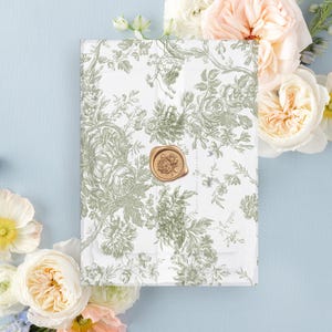 Sage Green Toile Vellum Wrap - Vintage Floral Wedding Invitation Jacket | A7 Printed Wrap for Elegant Stationery | Classic Design