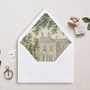 Umschlag Liner zum Ausdrucken, A7, Euro Klappe, Quadrat Klappe, 6.5 Quadrat, A6, 5,75 Quadrat, 4 Stange, 4 Stange für 5x7 Hochzeitseinladungen, Viktorianisches Haus
