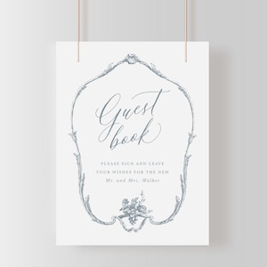 Guestbook Sign, Printable French Ornaments Wedding Sign Template with Dusty Blue Foliage, Editable Elegant Sign 8x10, Avelyn