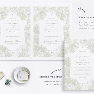 May include: Two printable wedding invitation designs featuring a floral pattern. The design on the left is a single invitation, while the design on the right is a double invitation with RSVP details. The text on the invitations reads "Together with the love of their families Lydia Isabella Stephens and Jeremy Andrew Williams Saturday the twenty first of February two thousand twenty two at four o'clock in the afternoon Grancrest Manor Battle Creek, Michigan reception to follow"
