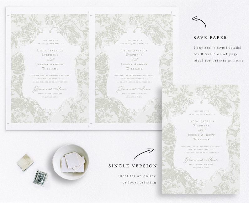 May include: Two printable wedding invitation designs featuring a floral pattern. The design on the left is a single invitation, while the design on the right is a double invitation with RSVP details. The text on the invitations reads "Together with the love of their families Lydia Isabella Stephens and Jeremy Andrew Williams Saturday the twenty first of February two thousand twenty two at four o'clock in the afternoon Grancrest Manor Battle Creek, Michigan reception to follow"
