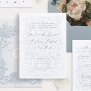 Plantillas de invitación de boda en azul francés y gris para imprimir, invitaciones elegantes editables, tarjetas RSVP con detalles de boda clásicos