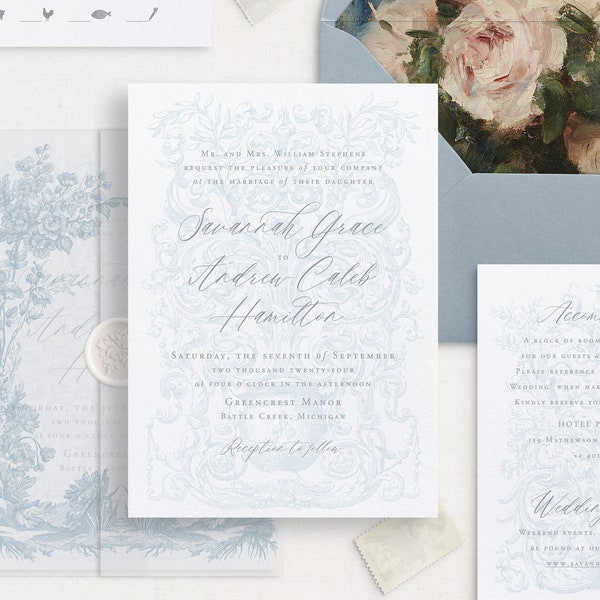 Set di modelli stampabili per inviti di nozze francesi blu e grigi Flourish, inviti eleganti modificabili, dettagli di nozze classici, biglietti RSVP