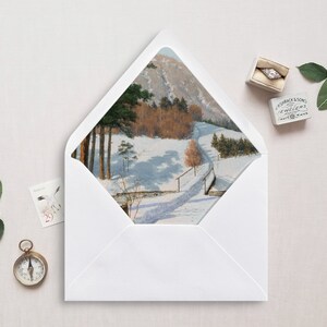 Druckbare Umschlagunterlage, A7, Euro Klappe, Quadratische Klappe, Winterlandschaft für 13x18 Hochzeitseinladungen, Winterspaziergang