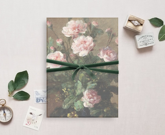 Printable Wedding Vellum Overlay for 5x7" Invitation, Fine Art Wedding Embellishment, Pink Roses in Vase Painting