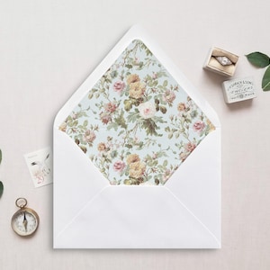 Umschlag Liner, A7, Euro Klappe, quadratische Klappe, 6,5 quadratisch, A6, A2, 4 bar, für 5x7 Hochzeitseinladungen, Vintage Rosen Blumenmuster