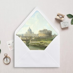 Druckbare Umschlagunterlage, A7, Euroklappe, quadratische Klappe, Stadtlandschaft Umschlageinlage für 5x7 Einladungen, Castel Sant’Angelo, Rom, Italien