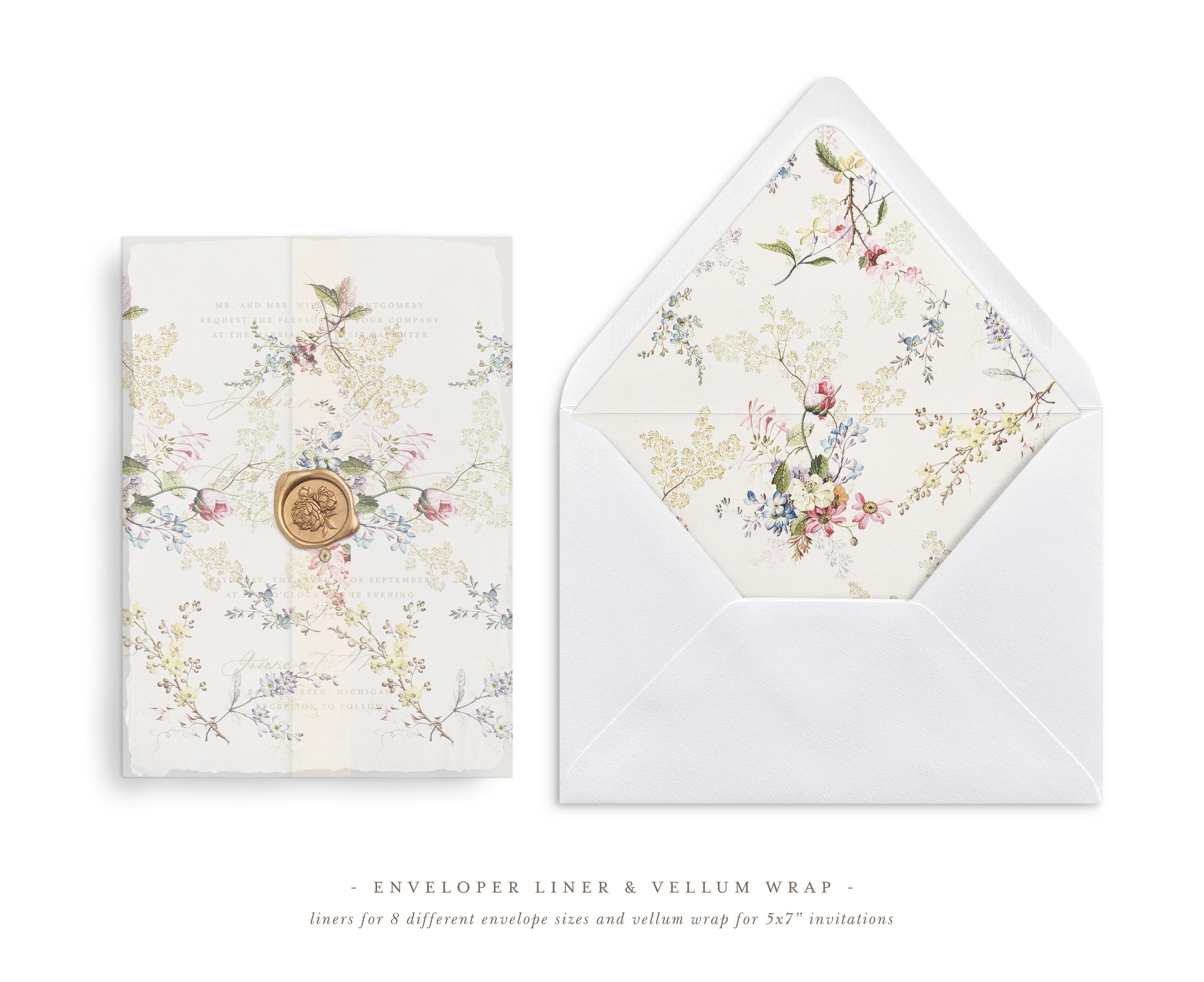 Printable Wedding Vellum Wrap and Envelope Liner for 5x7 Wedding  Invitations Mini Bundle, Colorful Floral Pattern Design 