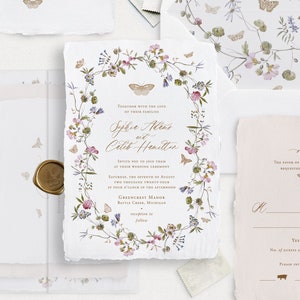 Afdrukbare kleurrijke bloemen bruiloft uitnodigingssjabloon set met vlinders, bewerkbare vlinder bruiloft uitnodigingen, details en RSVP-kaarten