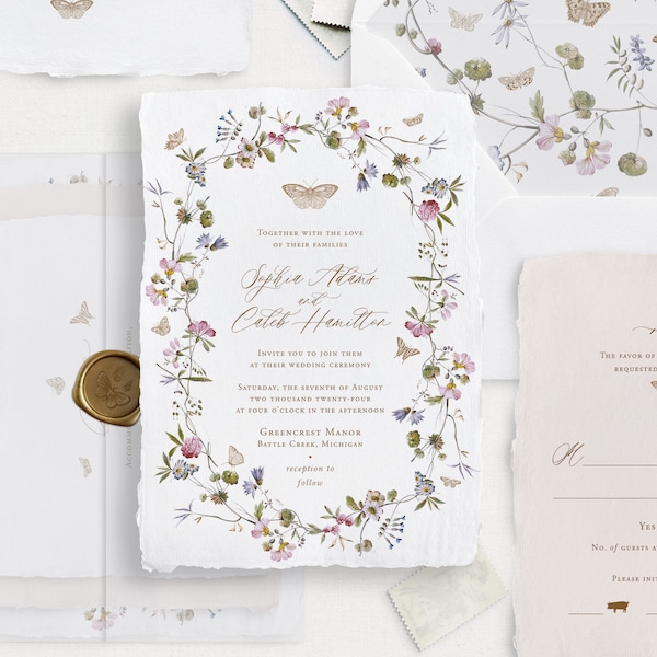 Druckbares buntes Blumen Hochzeitseinladungs-Vorlagen-Set mit Schmetterlingen, bearbeitbaren Schmetterlings-Hochzeitseinladungen, Details und Antwortkarten