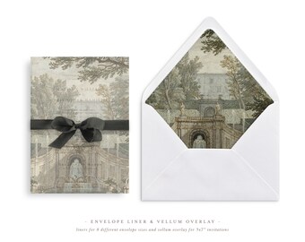May include: A set of printable envelope liners and a vellum overlay featuring a vintage illustration of a garden with a fountain and a building in the background. The liners are available in 8 different sizes and the vellum overlay is for 5x7 inch invitations.