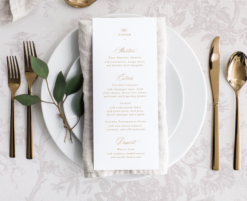 Printable Wedding Menu Card Template With Gold Calligraphy, Editable ...