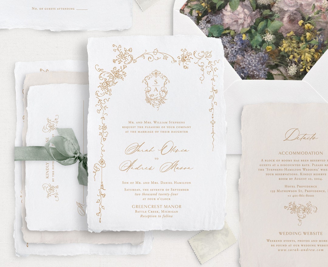 Printable Wedding Invitation Template Set With Tiny Floral Frame