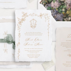 Printable Wedding Invitation Template Set with Tiny Floral Frame & Crest, Editable Elegant Invites, Wedding Details RSVP Cards, Gold
