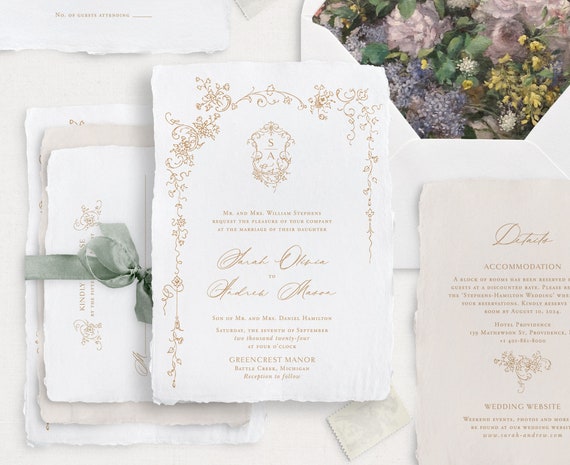 Printable Wedding Invitation Template Set with Tiny Floral Frame & Crest, Editable Elegant Invites, Wedding Details RSVP Cards, Gold