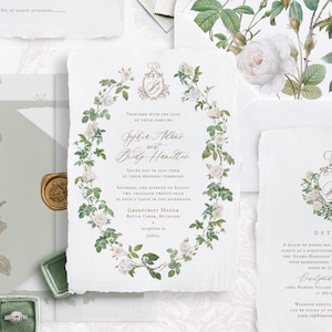 Ensemble de modèles imprimables vintage de faire-part de mariage roses blanches avec écusson monogramme, faire-part de mariage romantique modifiables, détails et cartes RSVP