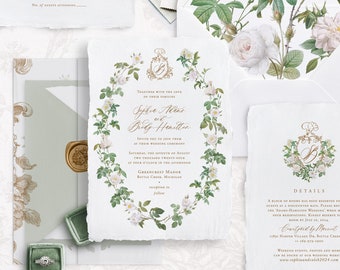 Printable Vintage White Roses Wedding Invitation Template Set with Monogram Crest, Editable Romantic Wedding Invites, Details and RSVP Cards